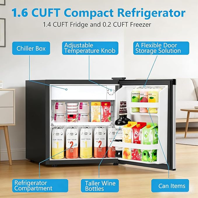 Antarctic Star Mini Fridge with Freezer, Rated 1.6 cu.ft, Small Upright Refrigerator with Removable Shelves, 7 Adjustable Thermostat, Low Noise for Bedroom/Apartment/Office,Silver - Image 2