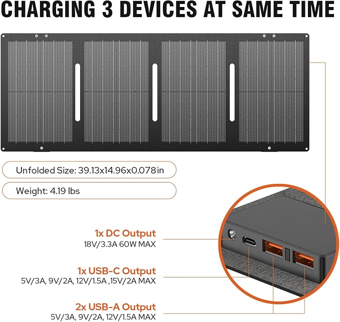 Portable Solar Generator, 300W Portable Power Station with Foldable 60W Solar Panel,110V Pure Sine Wave 280Wh Battery Power Pack with USB DC AC Outlet for Camping Smart Devices RV Van Outdoor-Orange - Image 7