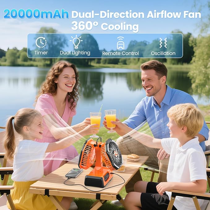 Dual Head Portable Rechargeable Fan 20000mAh Battery Powered Camping Fan Cordless with LED Lantern & Remote, Auto Oscillation, Hook, Battery Operated for Tent Office Travel Picnic Jobsite Orange - Image 6