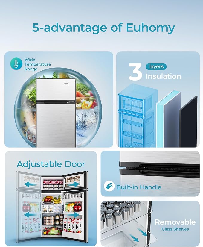 EUHOMY Mini Fridge with Freezer, 4.5 Cu.Ft Mini Refrigerator fridge, 2 door For Bedroom/Dorm/Office/Apartment - Food Storage or Cooling drinks, Silver - Image 5