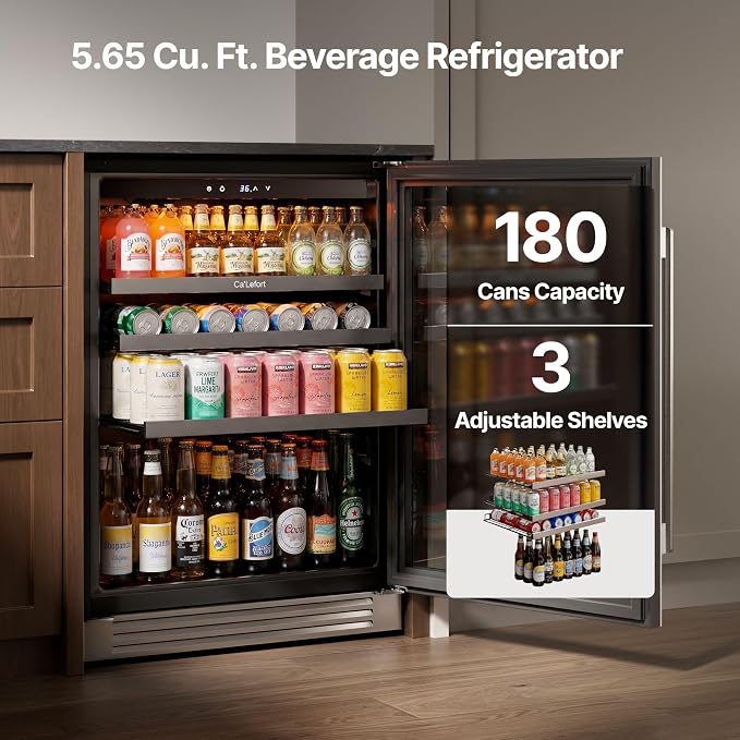 Ca'Lefort Beverage Refrigerator 24 Inch, 180 Cans Mini Fridge with Double Glass Door, Built-in or Freestanding Drink Cooler with Amber LED Light, Beverage Fridge for Kitchen Bar Office(Right-Hinged) - Image 2