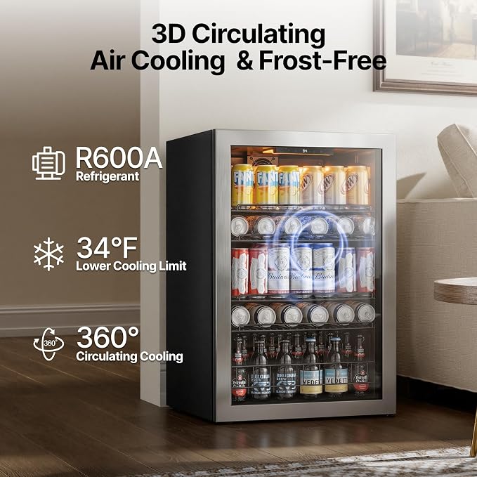 Ca'Lefort 155 Cans Mini Fridge, Beverage Refrigerator Cooler for Drink/Beer | 4.59 Cu.ft, Low-noise, Reversible Glass Door, 3-Color LED Lighting, Adjustable Shelves, 34℉ to 54℉ | Home Dorm Office Kitchen - Image 4