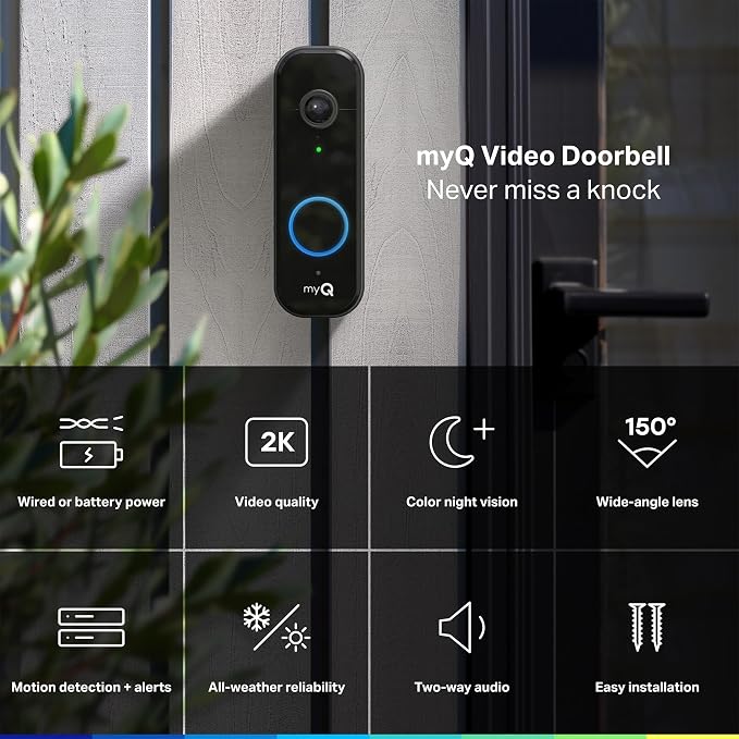 Chamberlain myQ Video Doorbell | 2K Camera, Battery/Wired, Color Night Vision - Image 2