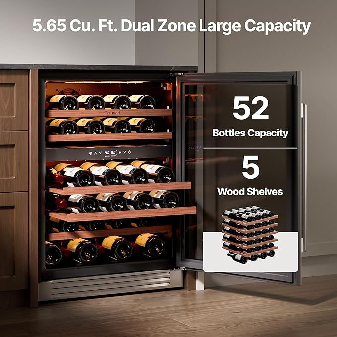 Ca'Lefort 24 Inch Wine Fridge, 52 Bottle Dual Zone Wine Cooler | 40-65°F Touch Control, Dual-Pane Glass Door, Adjustable Shelves, 3 Color LED, Built-In or Under Counter for Home Bar Kitchen - Image 2