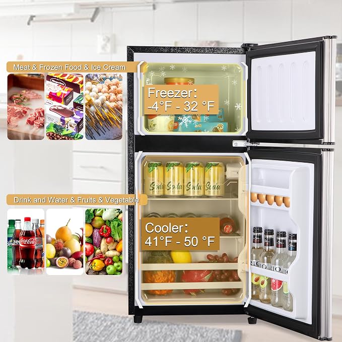 Mini Refrigerator with Freezer 3.5 Cu. Ft. Small Fridge with Freezer Silver | 2 Door Mini Fridge with 7-Level Adjustable Thermostat Removable Shelves, Compact Refrigerator for Office/Dorm/College/RV - Image 4