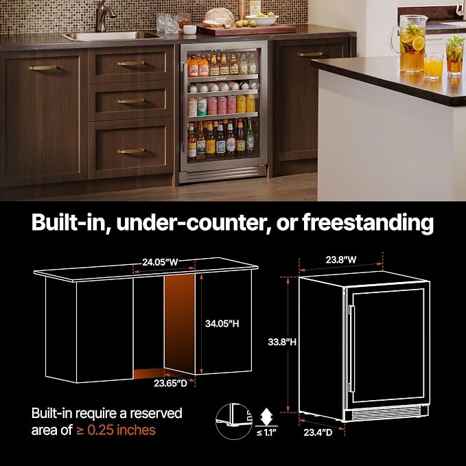 Ca'Lefort Beverage Refrigerator Cooler - 24 Inch Beverage Fridge Under Counter 180 Can with Glass Door, Freestanding or Built-in with 3 Color LED, Drink Cooler for Beer Soda or Wine (Right-Hinged) - Image 5