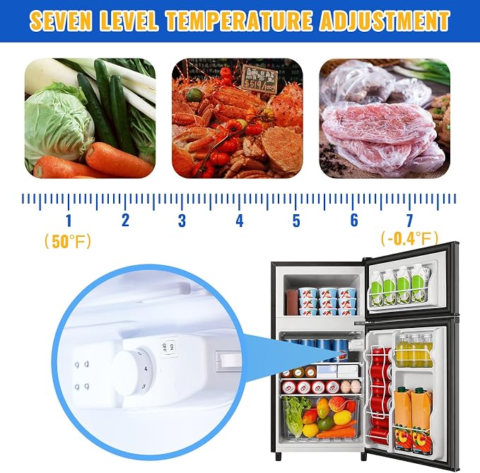 3.5 Cu.Ft Grey Mini Fridge With Freezer Compact Refrigerator for Dorm | Freestanding Fridge with 7 Level Adjustable Thermostat, Removable Shelves, Fast Cooling, Low Consumption - Image 2