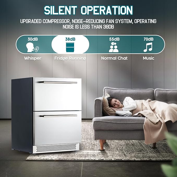 Albott 24 Inch Under Counter Drawer Fridge, Dual-Zone Beverage Refrigerator | Stainless Steel Design, LED Touch Control, Adjustable Storage, Frost-Free, Low Noise, 34℉-68℉, -0.4℉ to 32℉ - Image 8