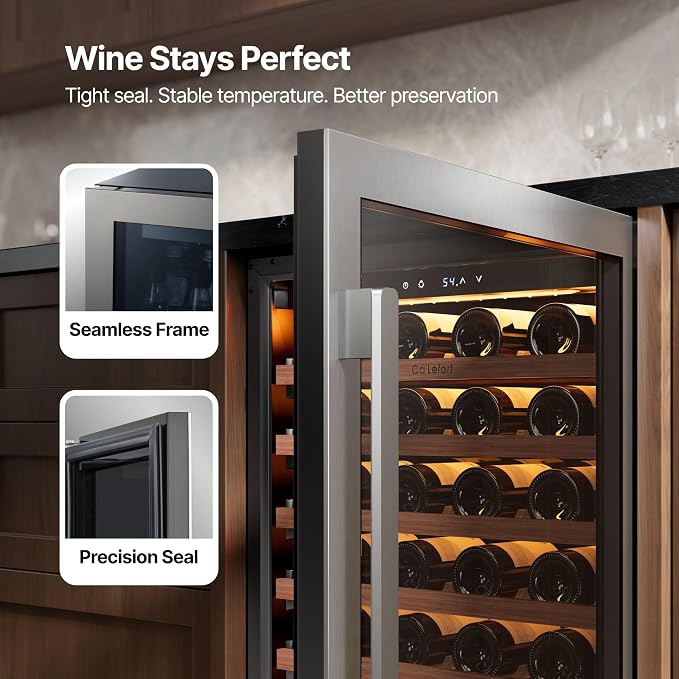 Ca'Lefort 24 Inch Wine Fridge, 61 Bottle Under Counter Wine Cooler | 40-65°F Touch Control, Dual-Pane Glass Door, Adjustable Shelves, 3 Color LED, Built-In or Under Counter for Home Bar Kitchen - Image 5