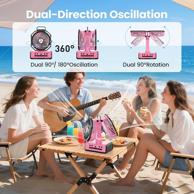 Dual Head Portable Rechargeable Fan 20000mAh Battery Powered Camping Fan Cordless with LED Lantern & Remote, Auto Oscillation, Hook, Battery Operated for Tent Office Travel Picnic Jobsite Orange - Image 5