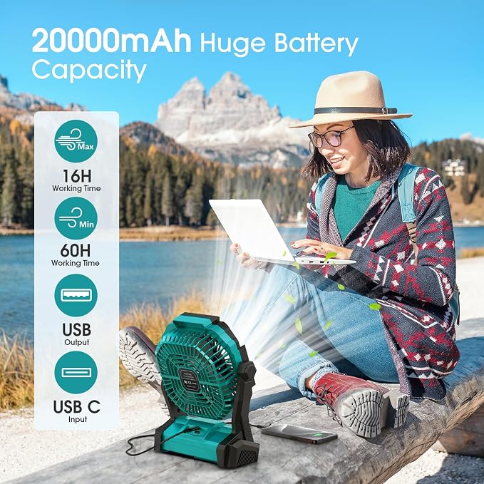 ONLYNEW Portable Fan Rechargeable, 20000mAh Cordless Battery Powered Fan with LED Lantern, USB C Battery Operated for Travel Bedroom Home Camping Tent Office Beach Desk Fishing Table - Image 2