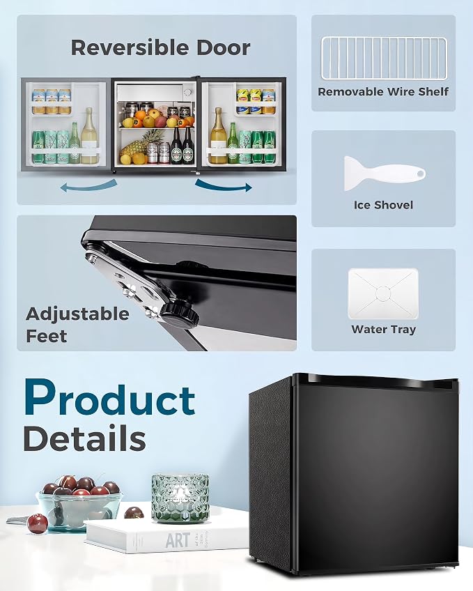 Feelfunn Mini Fridge with Freezer - 1.7 Cu.Ft Single Door Mini Refrigerator with Adjustable Thermostat, Energy Saving, Low Noise, Small Fridge for Bedroom, Office, Dorm, Apartment, Classroom - Black - Image 6