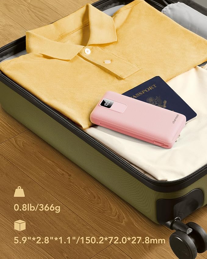 charmast 20000mAh Portable Charger with Wall Plug, Fast Charging Power Bank USB C, 20W PD Battery Pack with Built-in Cables Travel Essential for iPhone 16/15/14, Samsung, iPad More Devices (Pink) - Image 6