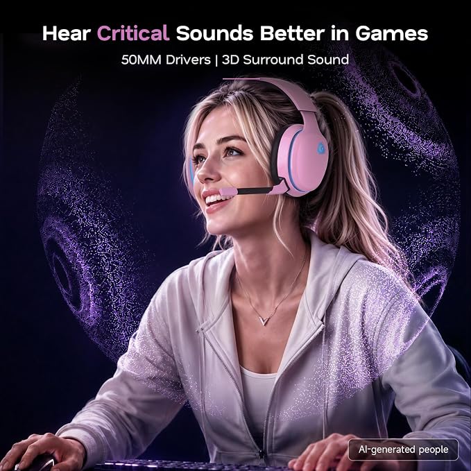 AOC 2.4GHz Wireless Gaming Headset for PS5, PS4, Switch, 45Hr, Blush Pink | Bluetooth 6.0 Gaming Headphones with Noise Canceling Mic, 7.1 Virtual Surround, Great for Fortnite & Call of Duty/FPS Gamers - Image 3