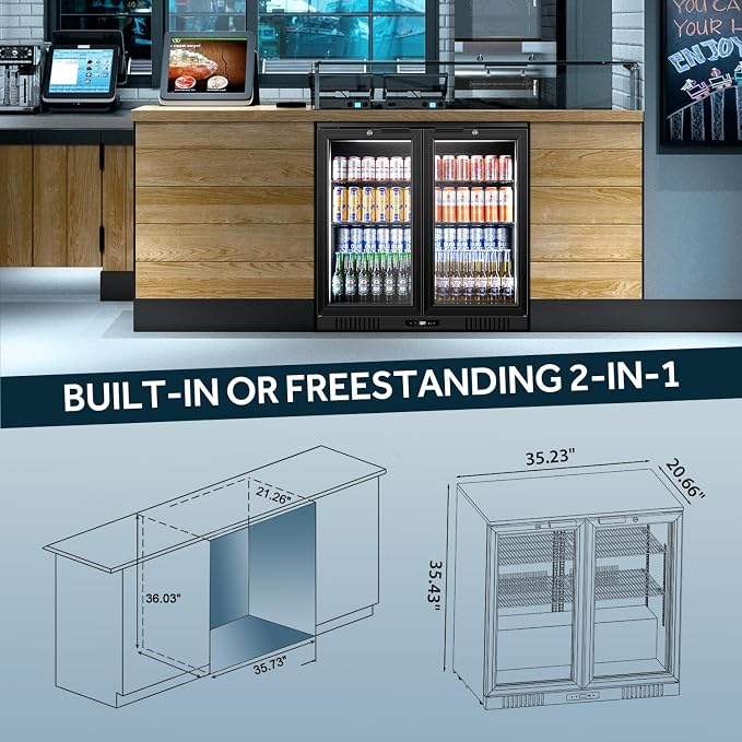 Back Bar Cooler 2 Door 216 Can Black | built-in/free, fast cool, temp memory, 2 locks, LED, low-e glass - Image 7