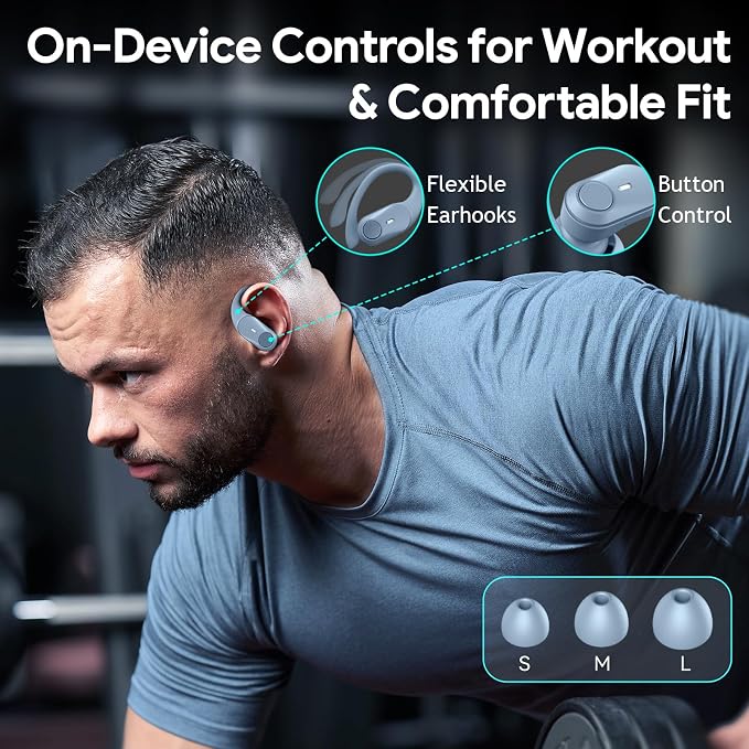 Active Noise Cancelling Ear Buds Wireless Earbuds 80H Playtime Bluetooth Headphones with LED Display Case, Hi-Res Audio Clear Calls Earphones with Over Ear Hooks for Running Gym Workout Sierra Blue - Image 9
