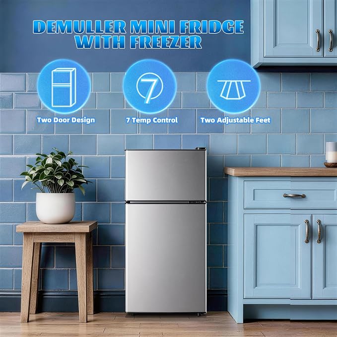 Mini Fridge with Separate Freezer Compartment Double Door Small Refrigerator with 7 Adjustable Temp Control Ideal for One Person Use & Dorm Apartment Office Silver - Image 3