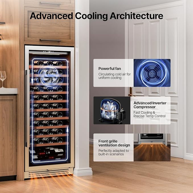 Ca'Lefort 24 Inch Wine Fridge, 90 Bottle Built-In Wine Cooler | 55-Inch Tall Wine Cellar, Quiet Inverter Compressor, Precise 40-65°F Temperature Control, Glide-Out Shelves & Storage Drawer - Image 6