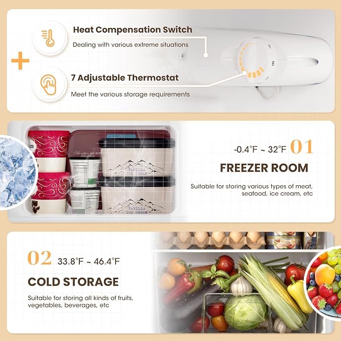 3.55 Cu.Ft Refrigerator with Freezer for Kitchen Office, Black | Double Door Small Fridge with Freezer, 7-Level Thermostat, Adjustable Shelves & Quiet Operation for Dorm and Bedroom - Image 4