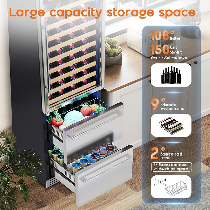 Albott 24 Inch Wine and Beverage Refrigerator, 2 In 1 Dual Zone | 49 Bottle Wine Cooler, 37–72℉, Soft LED Light, Holds 108 Bottles & 150 Cans, Built-in or Freestanding Design for Home and Bar - Image 2