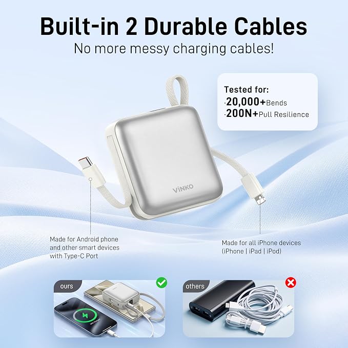 VINKO Small Portable Charger, 22.5W Fast Charging Mini Power Bank 10000mAh with Built-in Cables, Travel Essential USB-C Battery Pack Compatible with iPhone 17/16/15, Samsung S25/24, Android (White) - Image 3