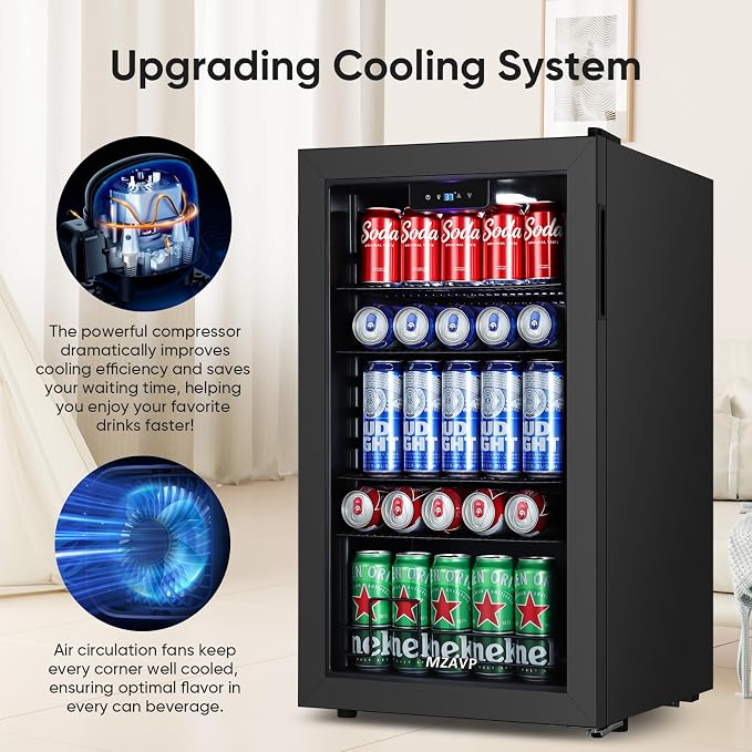 120 Can Beverage Refrigerator, Freestanding Beverage Cooler with Digital Temperature Display, Mini Drink Beer Soda Fridge for Office or Bar, White Indicator Light & Reversible Door - Black - Image 4