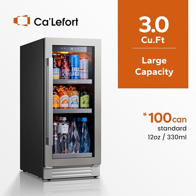 Ca'Lefort 15 Inch Beverage Refrigerator Cooler - 100 Can Mini Fridge with Glass Door for Soda Beer or Wine, 3 LED Compressor Fridge for Home Office Bar with 3 Adjustable Removable Shelves(3.0 cu.ft) - Image 3