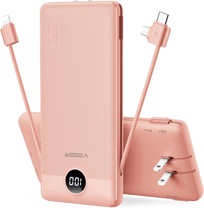 VEGER Portable Charger with Built-in AC Plug and Cables, All in One 10000mAh Ultra Slim Power Bank Travel Essentials, Fast Charging Battery Pack Compatible with iPhone, Samsung, More(Dark Pink) by VEGER