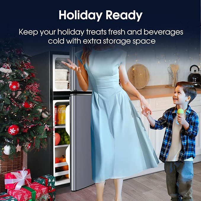 Anypro Fridge with Freezer, 2.9 Cu.Ft Double Door Refrigerator with 7-Level Temperature Control, LED Light, Adjustable Shelves for Bedroom, Office, Dorm, and Apartment, Blue Silver - Image 8