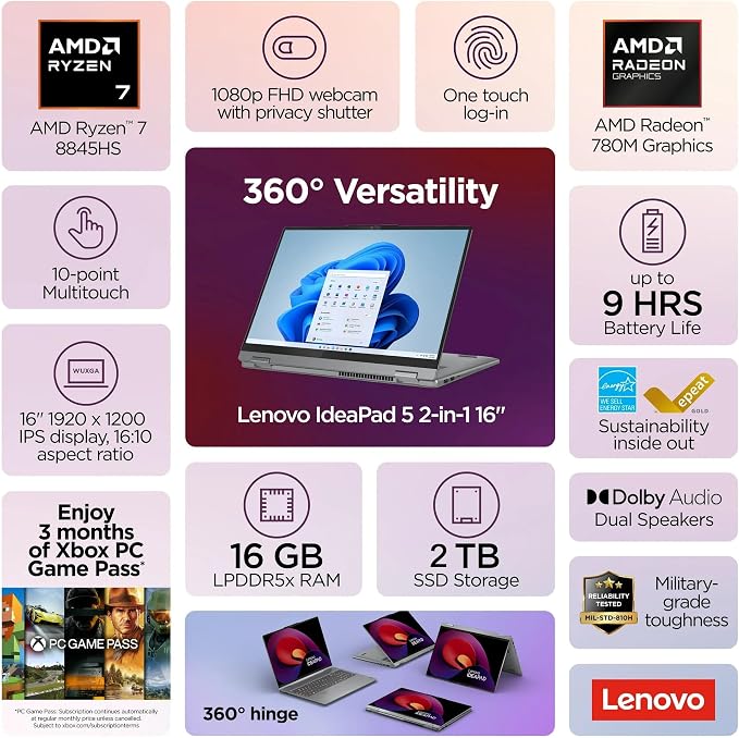 Lenovo IdeaPad 5 2-in-1 Laptop, 16" WUXGA Touchscreen, AMD Ryzen 7 8845HS, 16GB RAM, 2TB SSD, AMD Radeon Graphics, Backlit KB, Wi-Fi6, FP Reader, Win11, Luna Grey, w/USB Hub, W/GaLiMu - Image 2