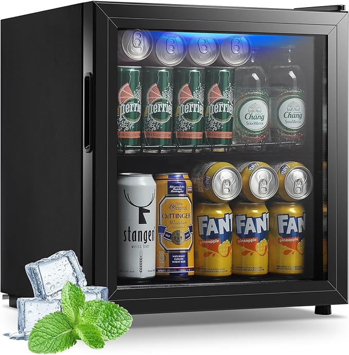 Beverage Refrigerator Cooler 1.6 Cu.Ft 60 Can Mini Small Fridge Black | Large Capacity with Glass Door, LED Light & Adjustable Shelves for Soda Beer Wine, Perfect for Home Bar Office by WANAI%C2%AE