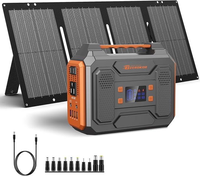 Portable Solar Generator, 300W Portable Power Station with Foldable 60W Solar Panel,110V Pure Sine Wave 280Wh Battery Power Pack with USB DC AC Outlet for Camping Smart Devices RV Van Outdoor-Orange by ZeroKor