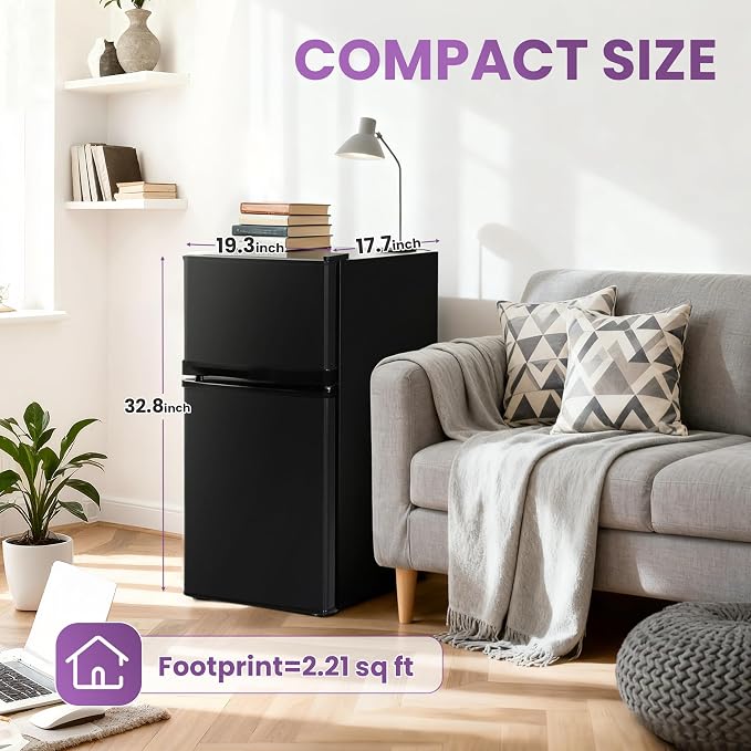 Tehanld 3.6 Cu.Ft Mini Fridge with Freezer for Dorm Office, Black | Double Door Compact Refrigerator with Low Noise Technology, Removable Shelves for Bedroom and Apartment Storage - Image 2