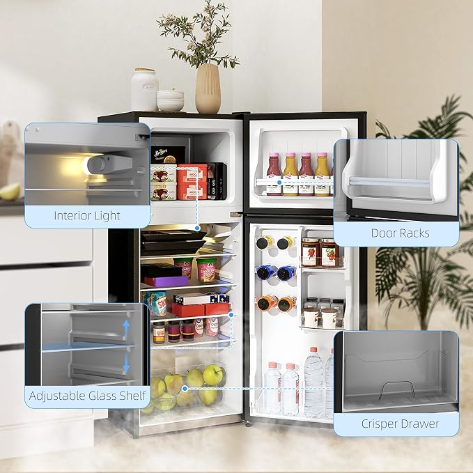 HOMCOM 4 Cu.Ft Mini Fridge with Freezer Double Reversible Door Black | Compact Refrigerator, Adjustable Thermostat, Shelf, for Bedroom Dorm Home Office, Energy Efficient - Image 6