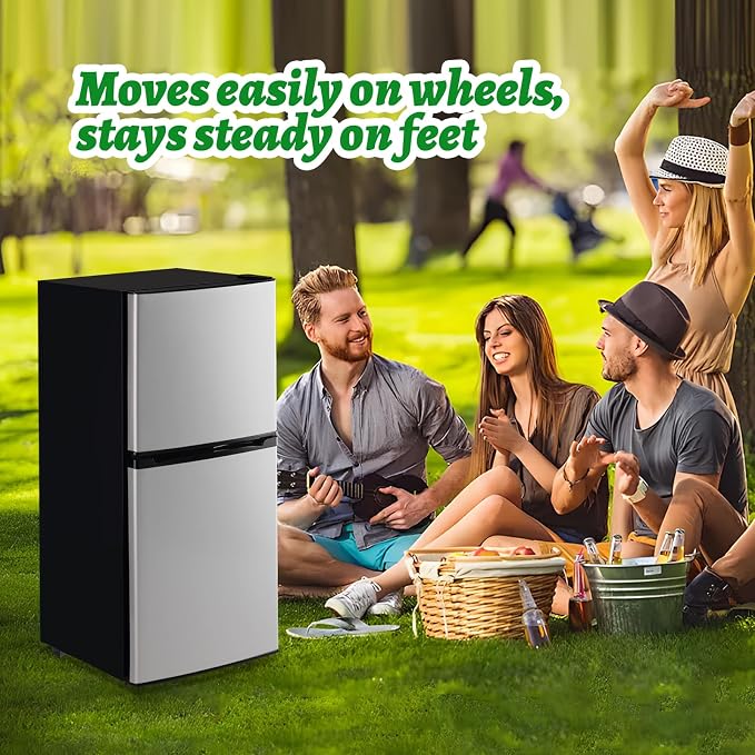 DEMULELR 3.9Cu.ft Refrigerator with Freezer Black Two Door Fridge with Crisper Drawer & Extra Drink Space, LED Light, Full-Size Fridge for Dorm Office 17.5"D x 17"W x 40"H，Silver - Image 9