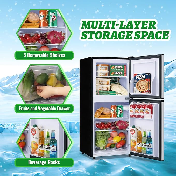 DEMULELR 3.9Cu.ft Refrigerator with Freezer Black Two Door Fridge with Crisper Drawer & Extra Drink Space, LED Light, Full-Size Fridge for Dorm Office 17.5"D x 17"W x 40"H，Silver - Image 8