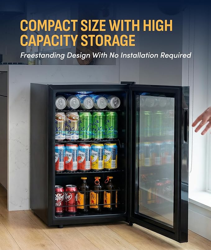 NewAir 90 Can Beverage Refrigerator | Freestanding Small Mini Fridge for Bedroom, Home Bar or Office | Adjustable Shelves, Quiet Cooling & Locking Door | Black - Image 2