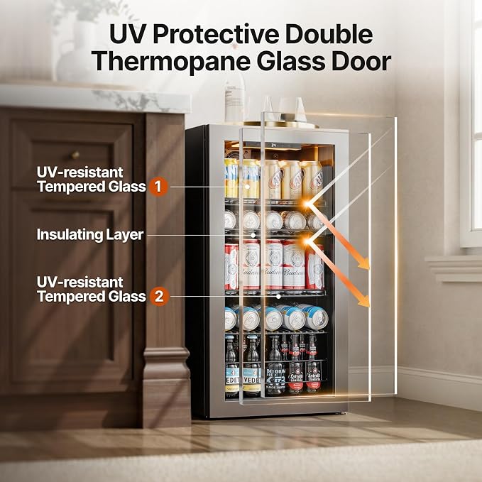 Ca'Lefort 105 Cans Mini Fridge, Beverage Refrigerator Cooler for Drink/Beer | 3.1 Cu.ft, Low-noise, Reversible Glass Door, 3-Color LED Lighting, Adjustable Shelves, 34℉ to 54℉ - Image 3