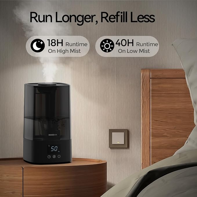 Automatic Humidifiers for Bedroom Large Room, 4.5L Cool Mist Humidifier for Home & Plant with Timer & Humidity Sensor, Last Up to 18H on High Setting, Auto Shut-Off, 360° Nozzle (Black) - Image 3