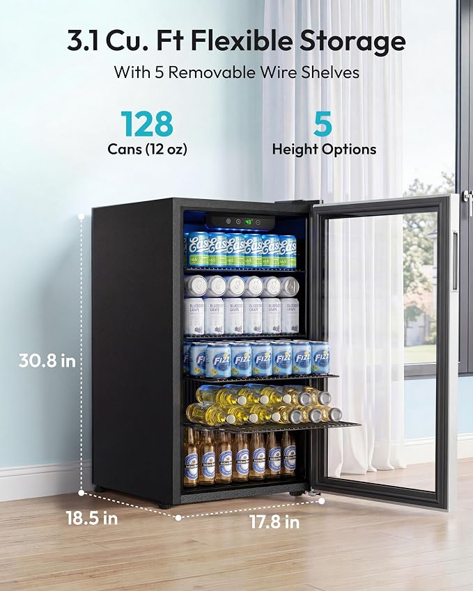 EUHOMY Beverage Refrigerator and Cooler, 128 Can Mini fridge with Glass Door, Small Refrigerator with Removable Shelves for Soda Beer or Wine, Perfect for Home/Bar/Office, Silver - Image 2