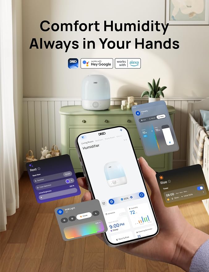 DREO Humidifiers for Bedroom - 30H Max Runtime & RGB Night Light & Sleep Trainer, Ultra Quiet 28dB Cool Mist Humidifier, Top Fill Smart Air Humidifier for Plants, Perfect for Baby & Nursery, HM409S - Image 7