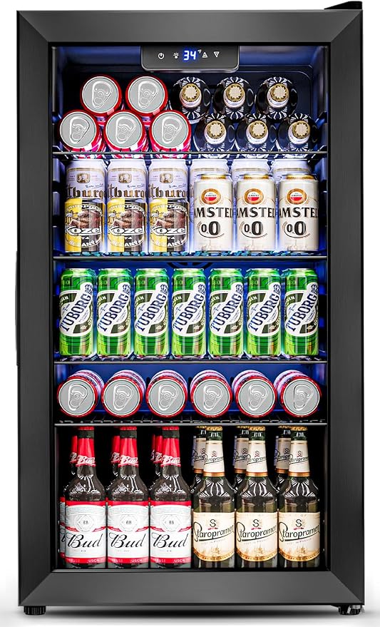 Feelfunn 3.2 Cu.Ft Mini Fridge with Glass Door - 126 Can Beverage Refrigerator Cooler for Drink Beer Wine Soda, Small Fridge for Bedroom Office Bar Dorm, 4 Adjustable Shelves, Black by Feelfunn