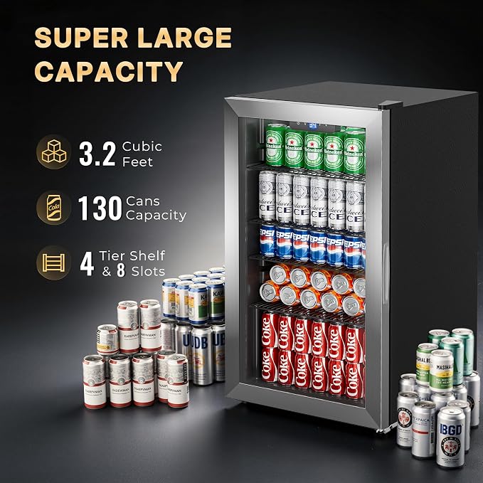 130 Can Beverage Refrigerator, 3.2 Cu.ft Mini Fridge, Glass Door, Silver | 34-64°F, LED Interior Light, Adjustable Removable Shelves, Beverage Cooler for Bedroom, Office, Bar - Image 3