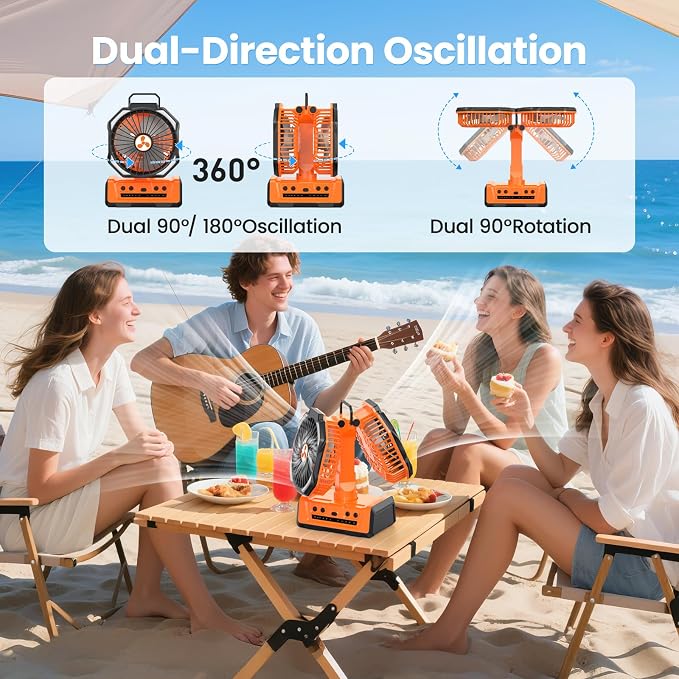 Dual Head Portable Rechargeable Fan 20000mAh Battery Powered Camping Fan Cordless with LED Lantern & Remote, Auto Oscillation, Hook, Battery Operated for Tent Office Travel Picnic Jobsite Orange - Image 2