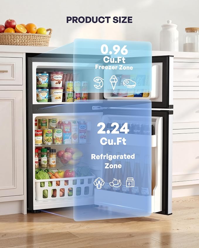 3.2 Cu.Ft Mini Fridge with Freezer, 2 Door Small Refrigerator with Adjustable Thermostat & Removable Glass Shelves, Mini Refrigerator for Dorm Office Kitchen, Silver - Image 2