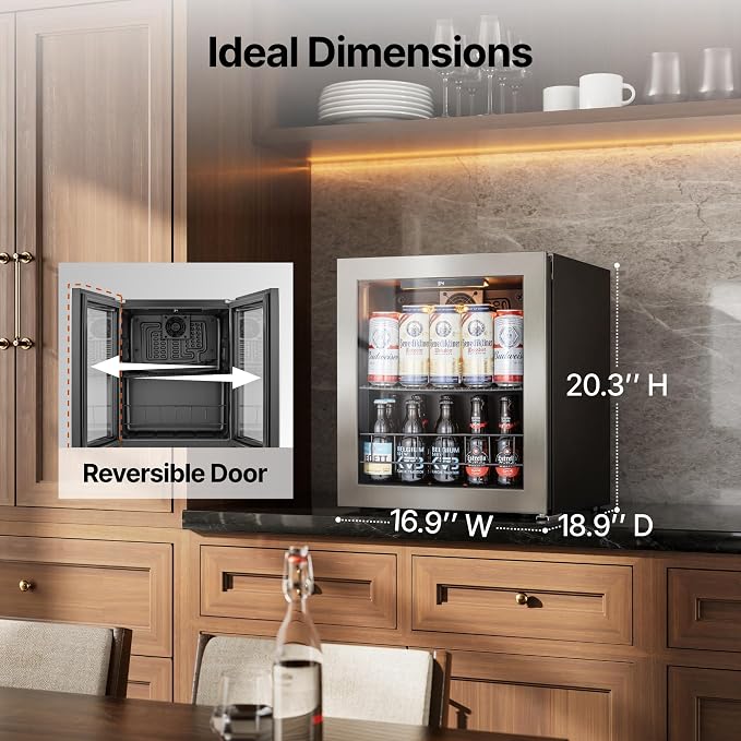 Ca'Lefort 65 Cans Mini Fridge, Beverage Refrigerator Cooler for Drink, Beer | 1.62 Cu.ft, Low-noise, Reversible Glass Door, 3-Color LED Lighting, Adjustable Shelves, 34℉ to 54℉ - Image 6