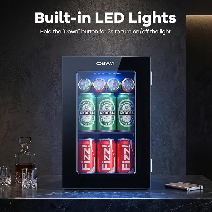 COSTWAY 24 Cans Beverage Refrigerator, 18L/0.6 Cu.Ft Countertop Mini Fridge | Quiet Drink Cooler with Touch Panel, 40-61℉ Thermostat, Tri-Layer Insulated Door and Blue LED Lights for Home Office & Bar - Image 5