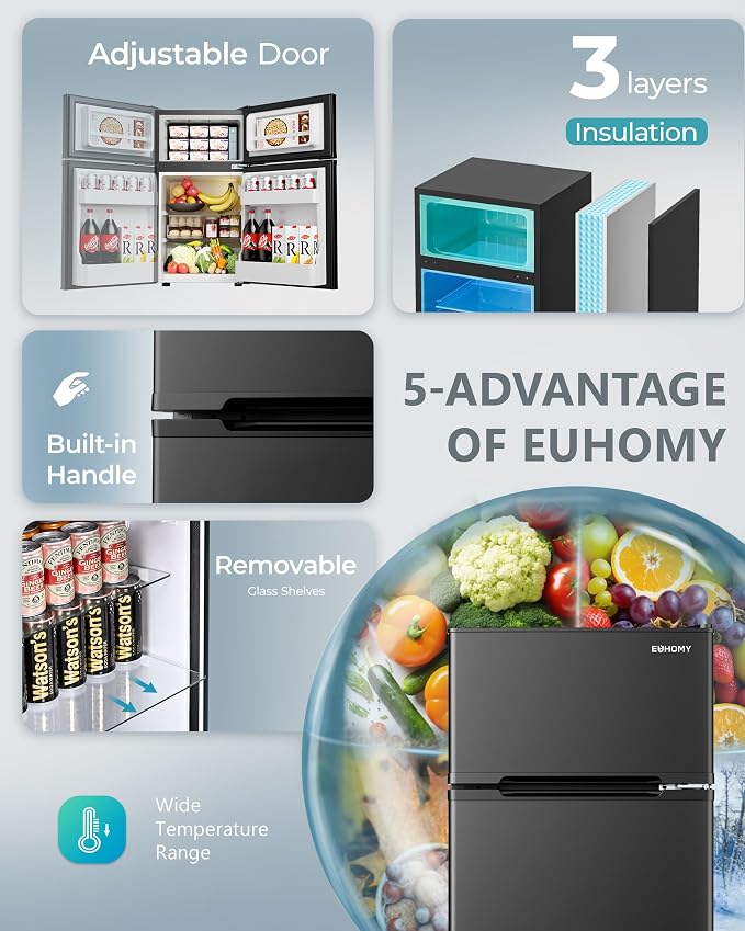 EUHOMY Mini Fridge with Freezer, 3.2 Cu.Ft Mini Refrigerator, Dorm Fridge with 2 Door For Bedroom/Apartment/Office-Food Storage Cooling Drink, New Black - Image 6