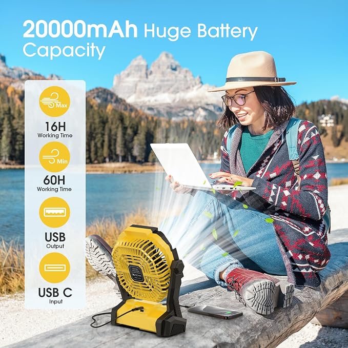 ONLYNEW Portable Fan Rechargeable, 20000mAh Cordless Battery Powered Fan with LED Lantern, USB C Battery Operated for Travel Bedroom Home Camping Tent Office Beach Desk Fishing Table (Yellow) - Image 2