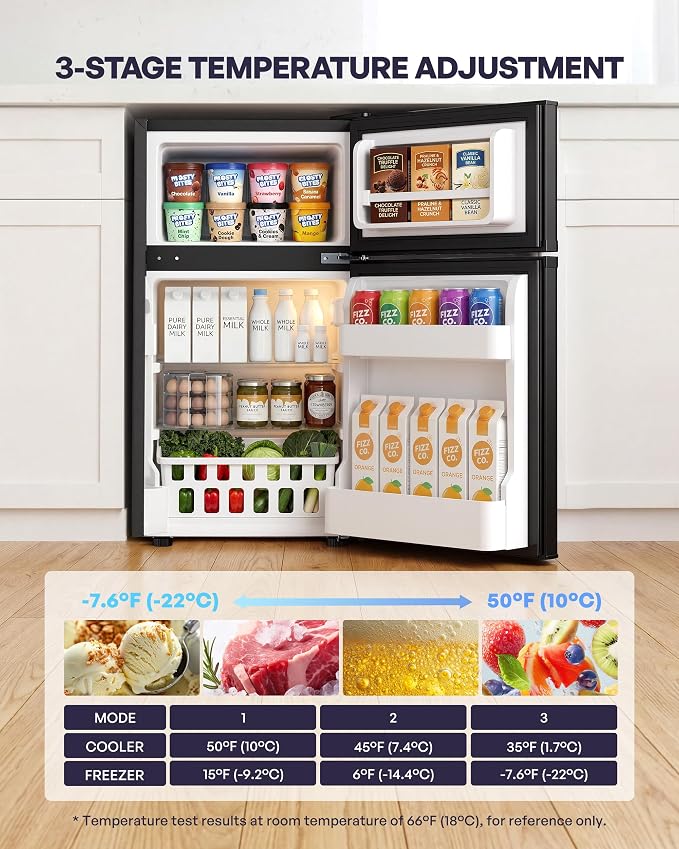 3.2 Cu.Ft Mini Fridge with Freezer, 2 Door Small Refrigerator with Adjustable Thermostat & Removable Glass Shelves, Mini Refrigerator for Dorm Office Kitchen, Black - Image 3